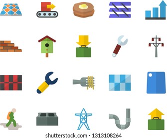 Color flat icon set brick wall flat vector, pipes, tile, flooring, cutting board, spaghetti on a fork, pancakes, nesting box, power line support, conveyor, wrench, paper tray, achievement chart