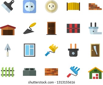 Color flat icon set brick wall flat vector, window, trowel, paint roller, Entrance door, sockets, tile, putty knife, fence, socket, plug, warehouse