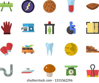 Color flat icon set brick wall flat vector, pipes, house layout, weighing machine, coffee, mushroom, chop, biscuit, gloves, blood test, disabled, tooth, moon, lightning, sports equipment horse