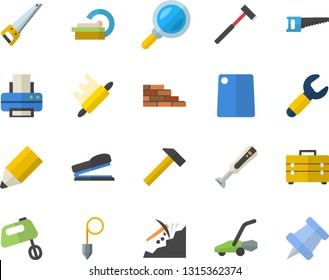Color flat icon set brick wall flat vector, saw, tool bag, construction plummet, ax, hammer, rolling pin, cutting board, mixer, blender, lawn mower, wrench, mining, magnifier, tomograph, printer