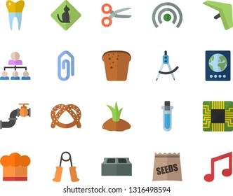 Color flat icon set brick flat vector, cook hat, bagel, bread, seeds, planting plants, main pipeline, motherboard, dividers, dental crowns, hierarchy, beakers, carpal expander, hang glider fector