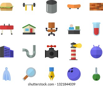 Color flat icon set brick wall flat vector, pipes, towel, hamburger, house, main pipeline, pipe production, lighthouse, blood test, office building, ink pen, chair, worker, magnifier, barbell, key