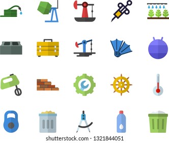 Color flat icon set brick wall flat vector, concrete mixer, tool bag, repair, temperature, sprinkling machine, hose, oil pumping, dividers, syringe, weight, fitball, water, flippers fector