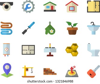 Color flat icon set brick wall flat vector, sink, toilet, house layout, repair, warm floor, boiler, potholder, kitchen spatula, towel, honeycomb, home plant, crane, location, romantic dinner fector