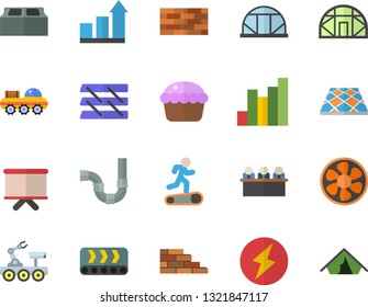 Color flat icon set brick wall flat vector, pipes, flooring, cupcake, greenhouse, ventilation, conveyor, chart, flipchart, meeting, paper tray, lightning, lunar rover, achievement, Treadmill