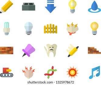 Color flat icon set brick wall flat vector, energy saving lamp, rolling pin, fence, conveyor, drop, DNA, broken tooth, pencil, bulb, fector, brainstorm, sun, download, drawing, note
