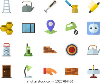Color flat icon set brick wall flat vector, window, Entrance door, sockets, teapot, potholder, rolling pin, turk, induction cooker, mixer, blender, grater, honeycomb, ladder, location, telephone