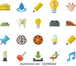 Color flat icon set brick wall flat vector, energy saving lamp, fence, ventilation, drop, idea, DNA, broken tooth, pencil, brainstorm, brain, mountains fector, download, drawing pin, key, note