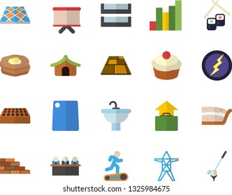Color flat icon set brick wall flat vector, sink, flooring, cutting board, cupcake, piece of cake, fish rolls, pancakes, power line support, chart, flipchart, meeting, paper tray, lightning, golf