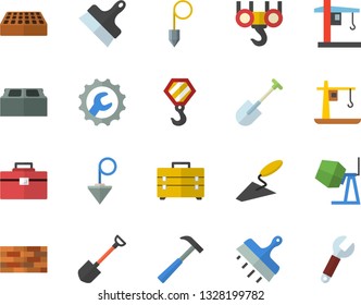 Color flat icon set brick wall flat vector, hook, concrete mixer, trowel, tool bag, repair, putty knife, construction plummet, hammer, shovel, crane, wrench