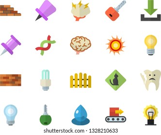 Color flat icon set brick wall flat vector, fence, conveyor, drop, DNA, broken tooth, drawing pin, bulb, energy saving lamp fector, brainstorm, brain, sun, pets allowed, download, key
