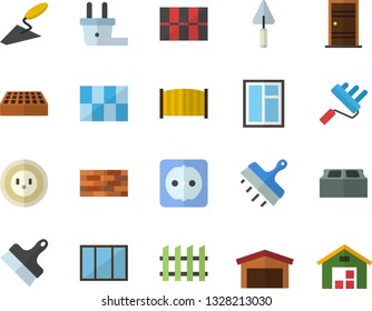 Color flat icon set brick wall flat vector, window, trowel, paint roller, Entrance door, sockets, tile, putty knife, fence, socket, plug, warehouse