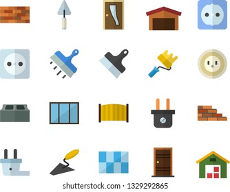 Color flat icon set brick wall flat vector, window, trowel, paint roller, Entrance door, sockets, tile, putty knife, fence, socket, plug, warehouse