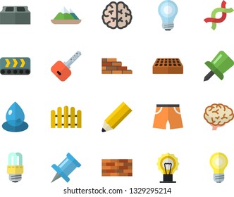 Color flat icon set brick wall flat vector, energy saving lamp, fence, conveyor, drop, DNA, drawing pin, pencil, bulb, brain, athletic shorts, mountains fector, key