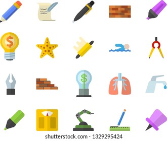 Color flat icon set brick wall flat vector, measure, faucet, rolling pin, robotics, dividers, marker, idea, lungs, ink pen, pencil, hostory roll, weighing machine, swimming, starfish fector, drawing