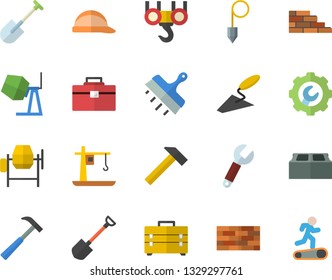 Color flat icon set brick wall flat vector, hook, concrete mixer, trowel, tool bag, hard hat, repair, putty knife, construction plummet, hammer, shovel, crane, wrench, Treadmill