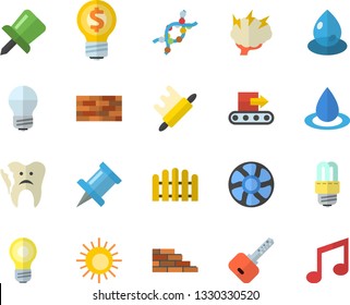 Color flat icon set brick wall flat vector, energy saving lamp, rolling pin, fence, ventilation, conveyor, drop, idea, DNA, broken tooth, drawing, brainstorm, sun fector, key, note