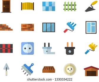 Color flat icon set brick wall flat vector, window, trowel, paint roller, Entrance door, sockets, tile, putty knife, fence, socket, plug, warehouse