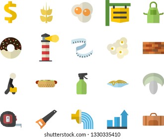Color flat icon set brick wall flat vector, saw, tape measure, apron, spaghetti, hot dog, mushroom, donut, popcorn, scrambled eggs, ear, pulverizer, hose irrigation, signboard, lighthouse, dollar
