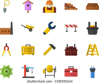Color flat icon set brick wall flat vector, concrete mixer, wheelbarrow, tool bag, ladder, construction plummet, hammer, barrier, nesting box, manufactory, plant, cogwheel, worker, crane, dividers