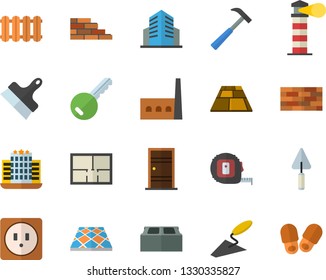 Color flat icon set brick wall flat vector, trowel, tape measure, house layout, Entrance door, sockets, putty knife, flooring, heating batteries, hammer, manufactory, lighthouse, office building