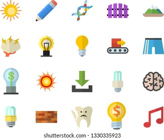 Color flat icon set brick wall flat vector, energy saving lamp, fence, conveyor, idea, DNA, broken tooth, pencil, fector, brainstorm, brain, athletic shorts, sun, mountains, download, note