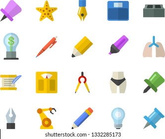 Color flat icon set brick flat vector, robotics, dividers, marker, idea, lungs, drawing pin, ink pen, pencil, bulb, hostory roll, weighing machine, waistline, starfish fector