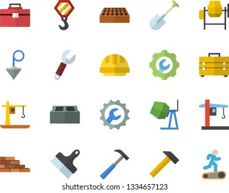 Color flat icon set brick wall flat vector, hook, concrete mixer, tool bag, hard hat, repair, putty knife, construction plummet, hammer, shovel, crane, wrench, Treadmill