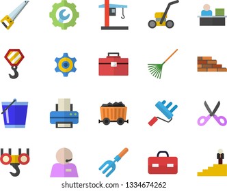 Color flat icon set brick wall flat vector, hook, saw, tool bag, paint roller, repair, scissors, pitchfork, rake, bucketful, lawn mower, crane, mining, cogwheel, briefcase, phone operator, printer