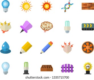 Color flat icon set brick wall flat vector, fence, ventilation, lamp, conveyor, energy saving, drop, DNA, pencil, bulb, fector, brainstorm, brain, sun, drawing pin