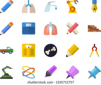 Color flat icon set brick wall flat vector, measure, faucet, pickup truck, robotics, dividers, marker, bone fracture, lungs, ink pen, pencil, weighing machine, hoop, drawing pin
