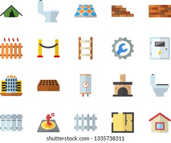 Color flat icon set brick wall flat vector, toilet, house layout, switch box, repair, flooring, warm floor, heating batteries, boiler, ladder, fireplace, radiator, VIP area vector, tent, hotel
