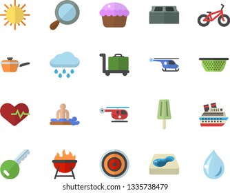 Color flat icon set brick flat vector, saute, colander, induction cooker, barbecue, cupcake, ice cream, sun, rain, pool, massage, helicopter, heartbeat, bicycle, luggage trolley fector, key, drop