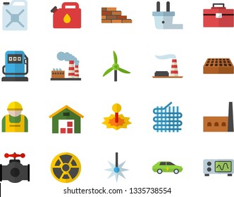 Color flat icon set brick wall flat vector, tool bag, main pipeline, windmill, refueling, factory, plug socket, manufactory, construction worker, radiation, fabric manufacture, canister, laser