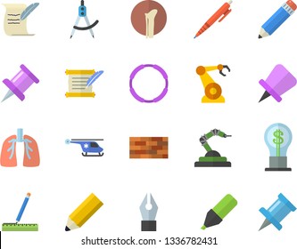 Color flat icon set brick wall flat vector, measure, robotics, dividers, marker, idea, helicopter, bone fracture, lungs, drawing pin, ink pen, pencil, hostory roll, hoop
