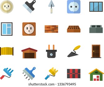 Color flat icon set brick wall flat vector, window, trowel, paint roller, Entrance door, sockets, tile, putty knife, fence, socket, plug, warehouse