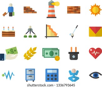 Color flat icon set brick wall flat vector, cake, sun, plug socket, lighthouse, crisis, cash, investments, calculator, hierarchy, archive, mail, ear, electric discharge fector, heartbeat, yoga, golf