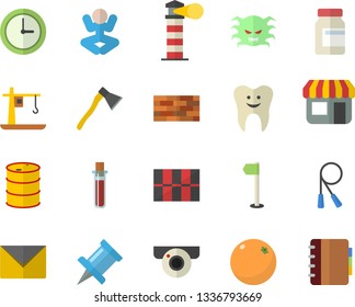 Color flat icon set brick wall flat vector, tile, ax, orange, oil tanks, crane, store front, lighthouse, blood test, virus, tooth, vitamins, skipping rope, sports flag, yoga, drawing pin, envelope