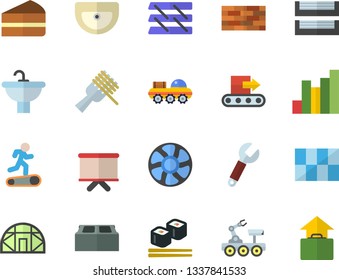 Color flat icon set brick wall flat vector, sink, tile, spaghetti on a fork, piece of cake, fish rolls, greenhouse, ventilation, conveyor, wrench, chart, flipchart, paper tray, lunar rover