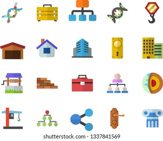 Color flat icon set brick wall flat vector, hook, tool bag, door lock, skyscraper, well, house, crane, warehouse, hierarchy, molecules, DNA, office building, classification, core of the earth fector