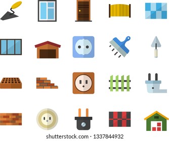 Color flat icon set brick wall flat vector, window, trowel, Entrance door, sockets, tile, putty knife, fence, socket, plug, warehouse