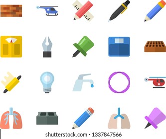 Color flat icon set brick wall flat vector, measure, faucet, rolling pin, helicopter, lungs, drawing, ink pen, pencil, bulb, weighing machine, hoop