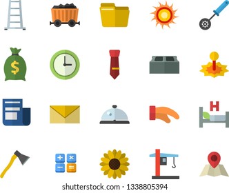 Color flat icon set brick flat vector, ax, potholder, kitchen spoon, flower, ladder, crane, laser, mining, wealth, news, calculator, hospital bed, computer file, tie, sun fector, jingle, envelope