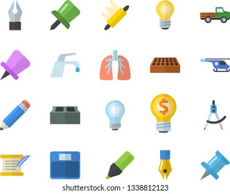 Color flat icon set brick flat vector, faucet, rolling pin, pickup truck, dividers, marker, idea, helicopter, lungs, drawing, ink pen, pencil, bulb, hostory roll, weighing machine