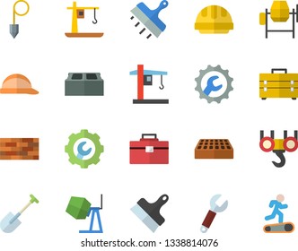 Color flat icon set brick wall flat vector, hook, concrete mixer, tool bag, hard hat, repair, putty knife, construction plummet, shovel, crane, wrench, Treadmill
