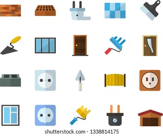 Color flat icon set brick wall flat vector, window, trowel, paint roller, Entrance door, sockets, tile, putty knife, fence, socket, plug, warehouse