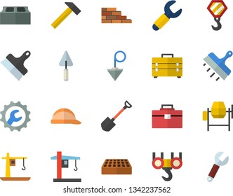Color flat icon set brick wall flat vector, hook, concrete mixer, trowel, tool bag, hard hat, repair, putty knife, construction plummet, hammer, shovel, crane, wrench