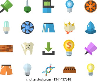 Color flat icon set brick wall flat vector, energy saving lamp, ventilation, drop, idea, DNA, broken tooth, drawing pin, fector, brainstorm, athletic shorts, baggage claim, download, key