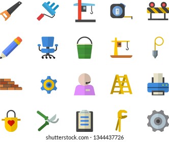 Color flat icon set brick wall flat vector, tool, saw, tape measure, ladder, paint roller, construction plummet, barrier, apron, secateurs, bucketful, crane, cogwheel, clipboard, office chair