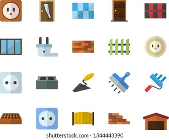 Color flat icon set brick wall flat vector, window, trowel, paint roller, Entrance door, sockets, tile, putty knife, fence, socket, plug, warehouse